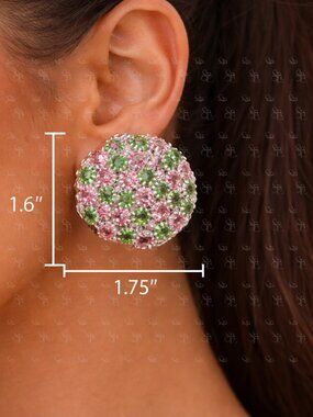 AKA Pink Green Rhinestone Cluster Earrings Statement Stud